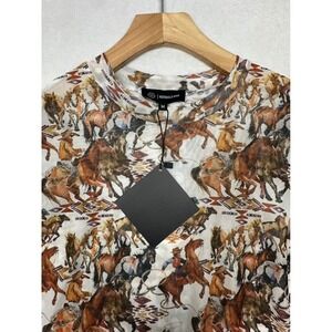 Merigold Kiss Western Horse Print Mesh Top Long Sleeve Sheer Cowboy Graphic M